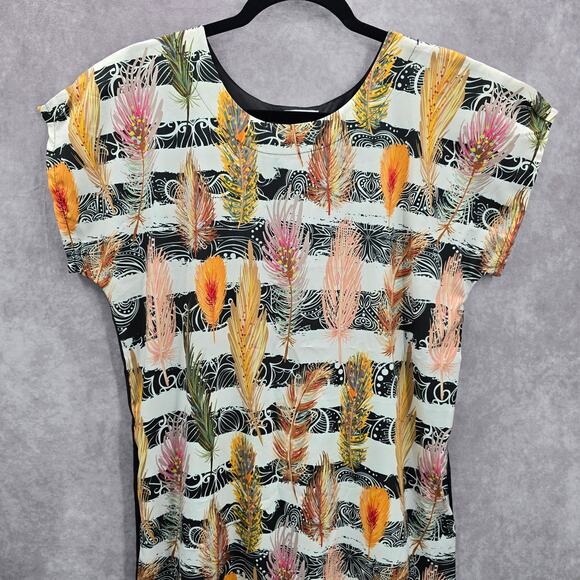 Takaya Siam Black Short Sleeve Maxi Feather Print Sheer Ruffle Dress Medium - Picture 3 of 8